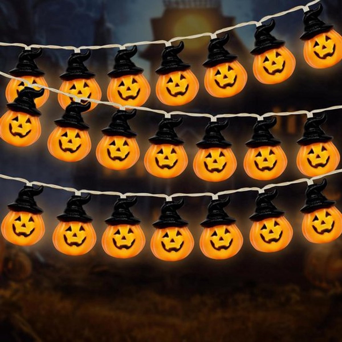Decoratieve Halloween lichtketting op batterijen 3 m - 20 leds - waterdicht - warm wit licht - pompoen - bat-hoed - kinderfeest - binnenontvangst