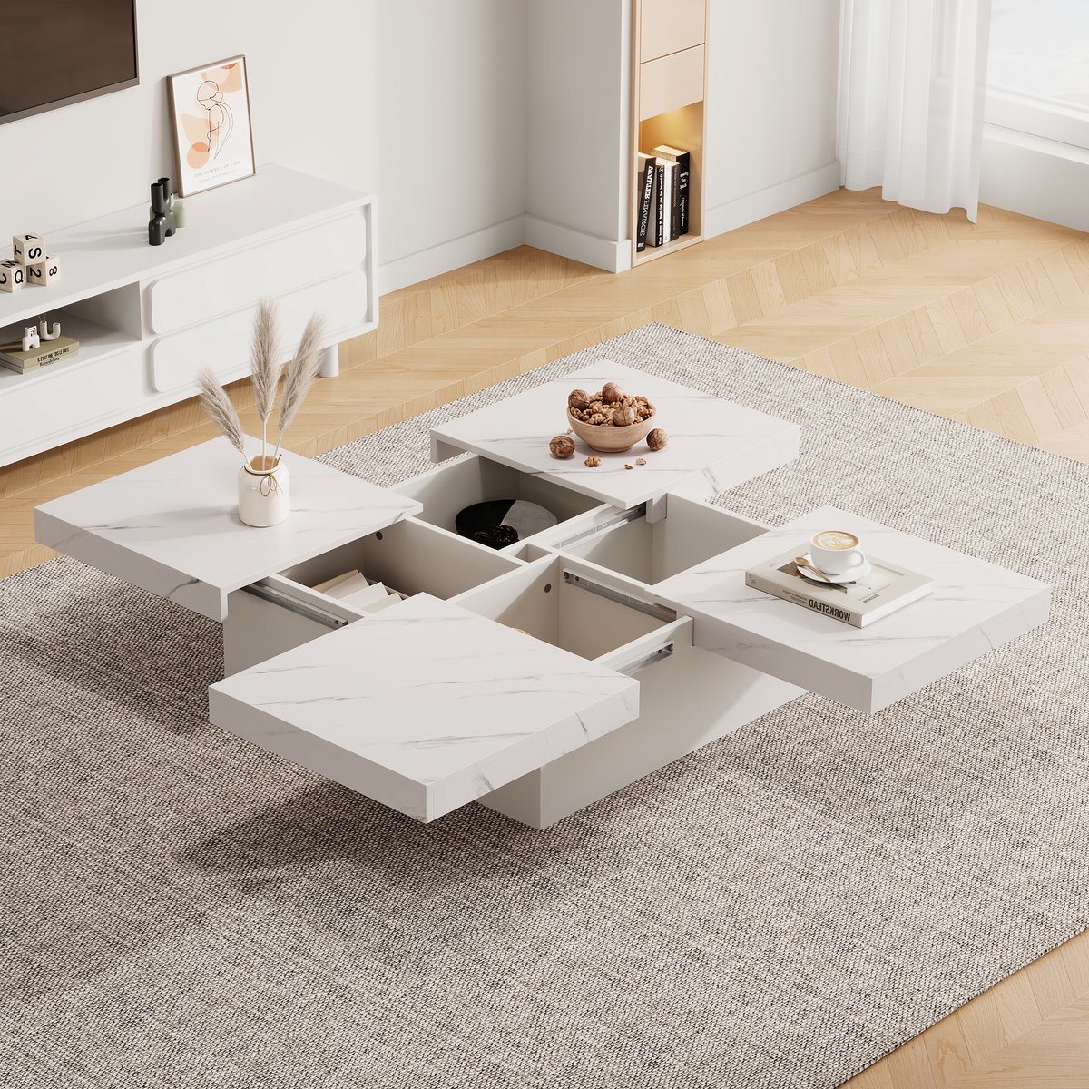 COVREO Salontafel 90x90x25 cm wit spaanplaat, vier lades en schuifblad