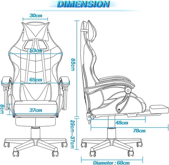 Gamingstoel met Massagefunctie en Voetensteun - Ergonomische Gamestoel met Hoofdsteun en Lendenkussen - Gevoerde Armleuningen - Blauw — afbeelding 5