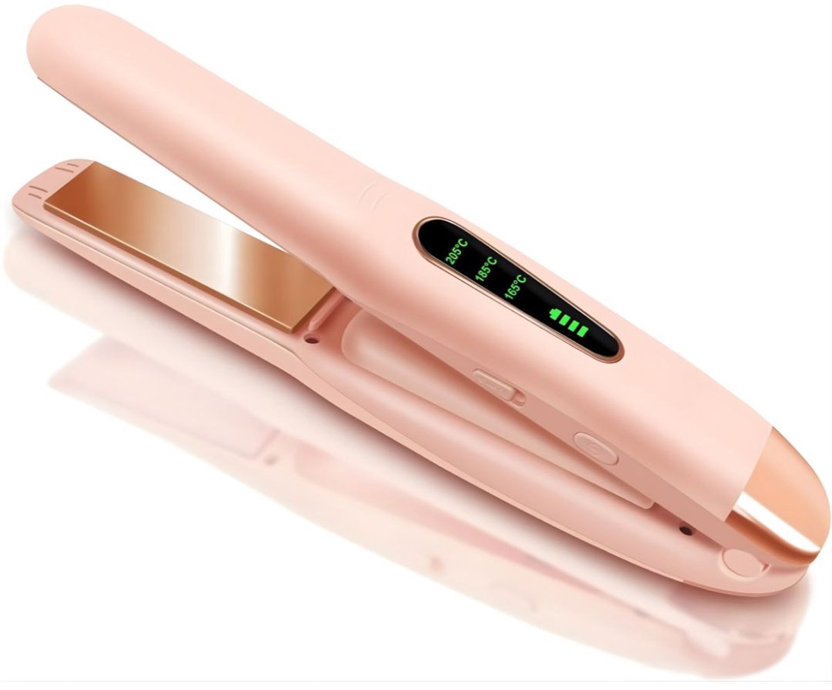 KIRA® Stijltang - USB Oplaadbaar - Mini Stijltang & Krultang Draadloos - Roze - 22cm x 3cm x 3cm