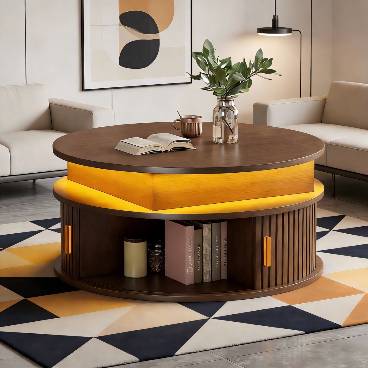 COVREO Salontafel 75x75x52 cm walnoot MDF, rond met LED verlichting