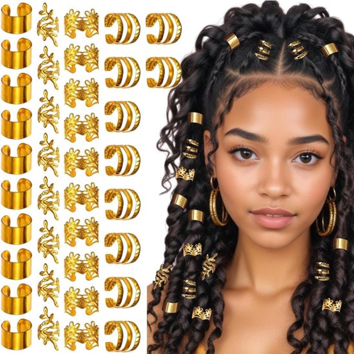 40 Stuks Gouden Haarbedels in 4 Stijlen voor Dreadlocks - Haaraccessoires, Haarringen en Vlechtdecoratie voor Vrouwen