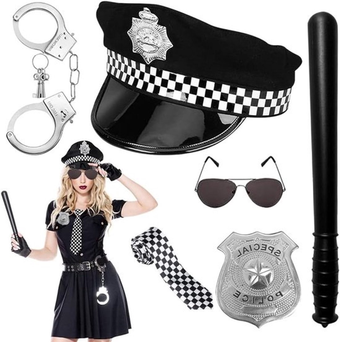 Politie Kostuum Accessoires Set voor Vrouwen, 7-delige Set met Handboeien, Badge en Baton voor Cosplay en Feestjes
