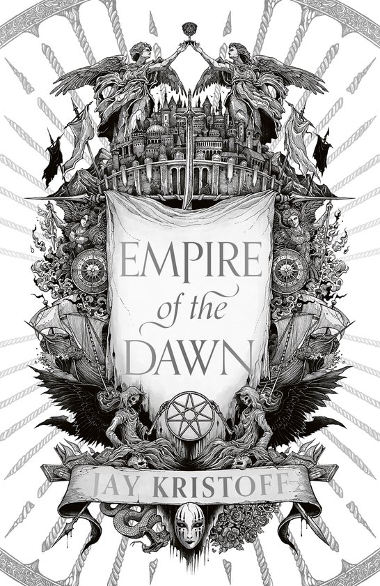 De omslag van het boek 'Empire of the Dawn' van Jay Kristoff, met een gedetailleerde zwart-wit tekening van een kasteel, schepen en mythologische figuren.