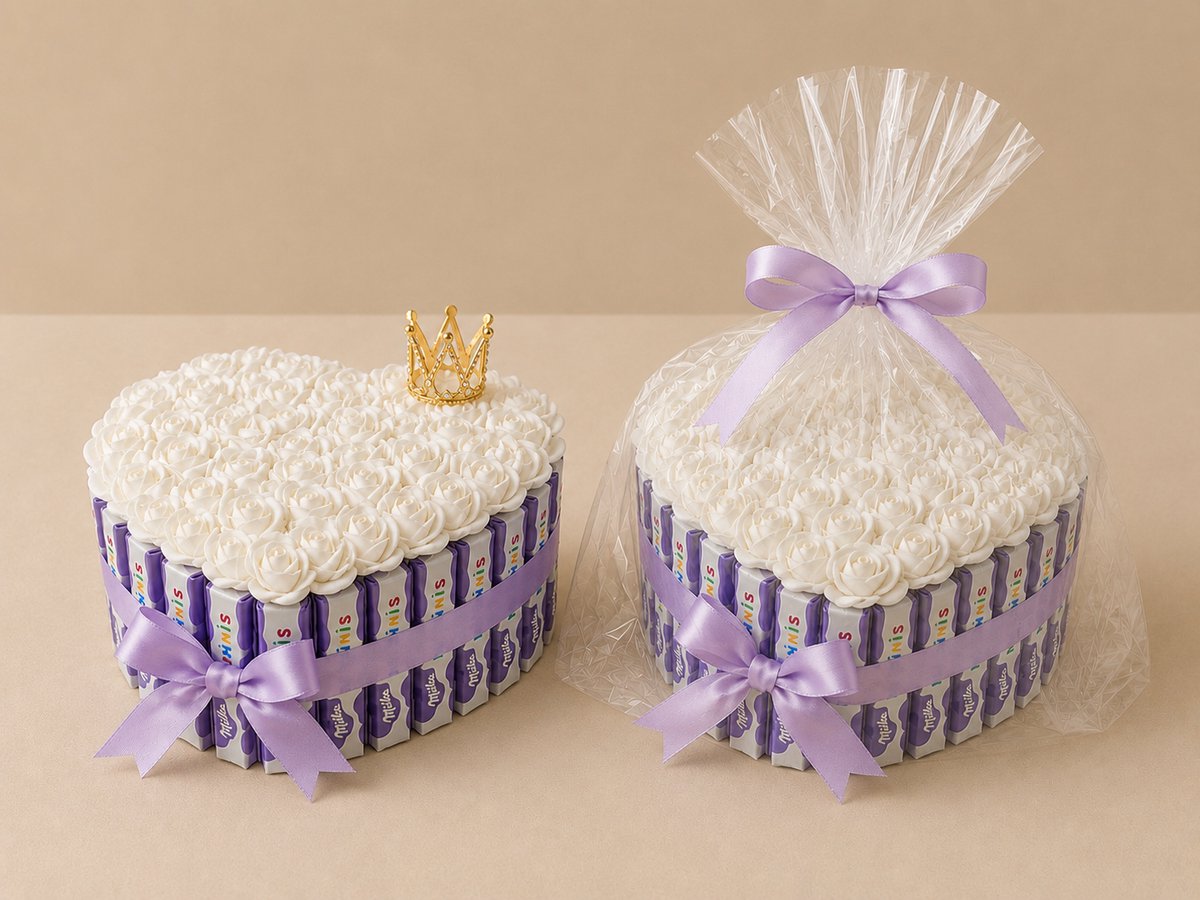Chocoladecadeau in taartvorm met witte rozen en gouden kroon - feestelijk cadeau voor speciale gelegenheden