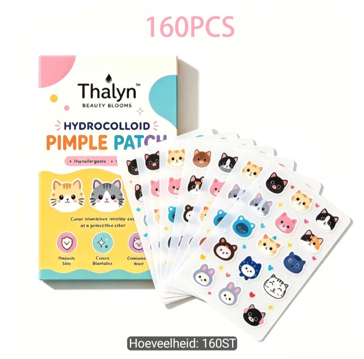 Thalyn Hydrocolloid Pimple Patches – 160 Stuks – Katten Designs – Puistjespleisters – Waterproof – Met Tea Tree & Centella Asiatica