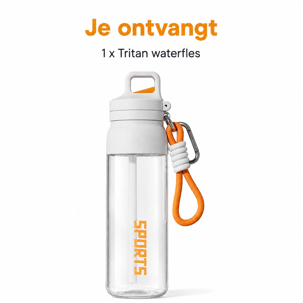 VHV - Waterfles - Sportwaterfles - Reisbeker met Rietje - Tritan Drinkfles 700 ml - Lekvrije Sportfles - Eénknopsdeksel - Draagkoord met Karabijnhaak - Voor Sport, School, Wandelen en Reizen - Wit/Oranje