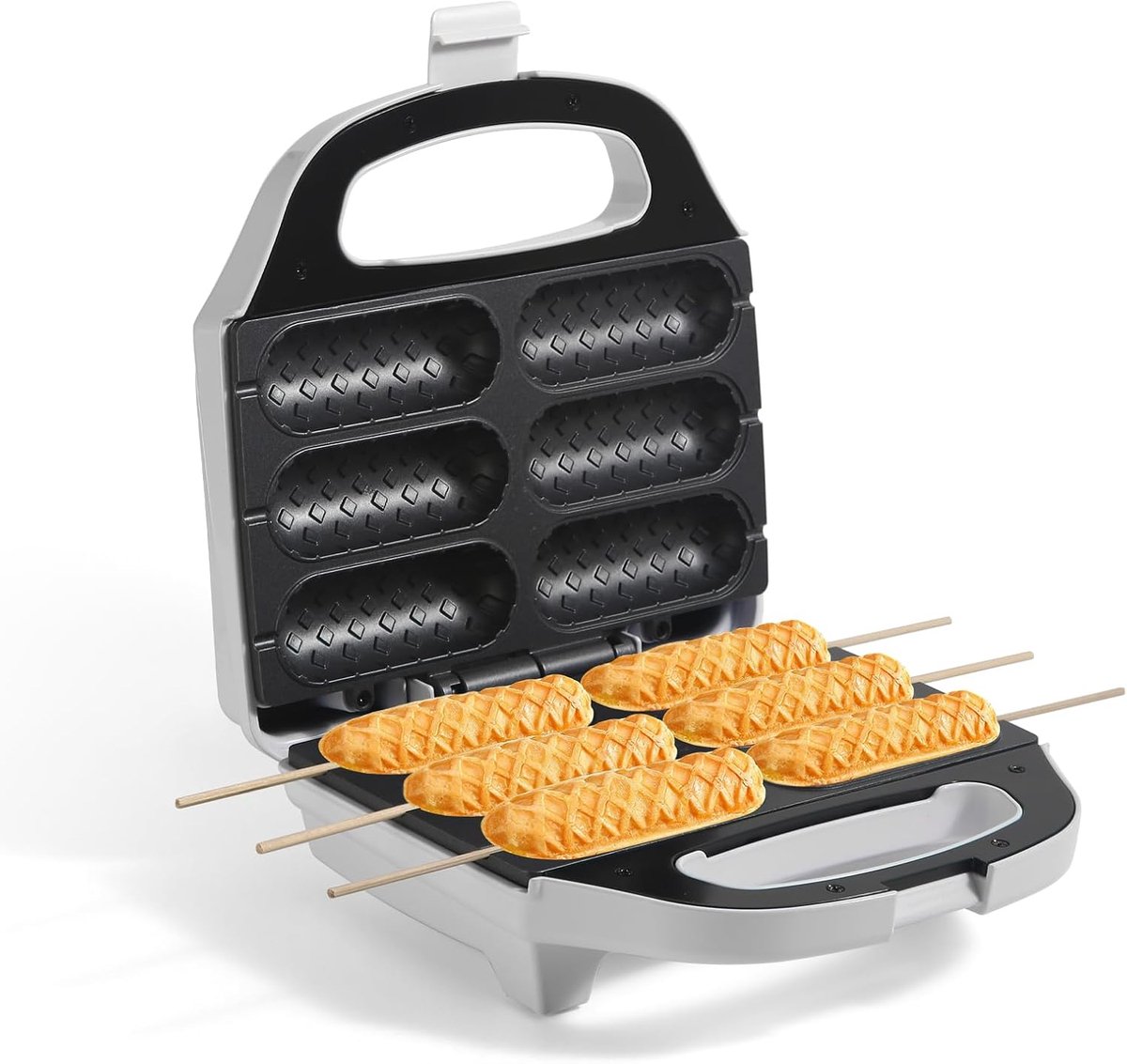 Corndog-wafelijzer, hotdog-wafelmachine met antiaanbaklaag | Hotdog-maker/toaster voor 6 corndogs, maakt corndogs in enkele minuten, gemakkelijk schoon te maken, wit