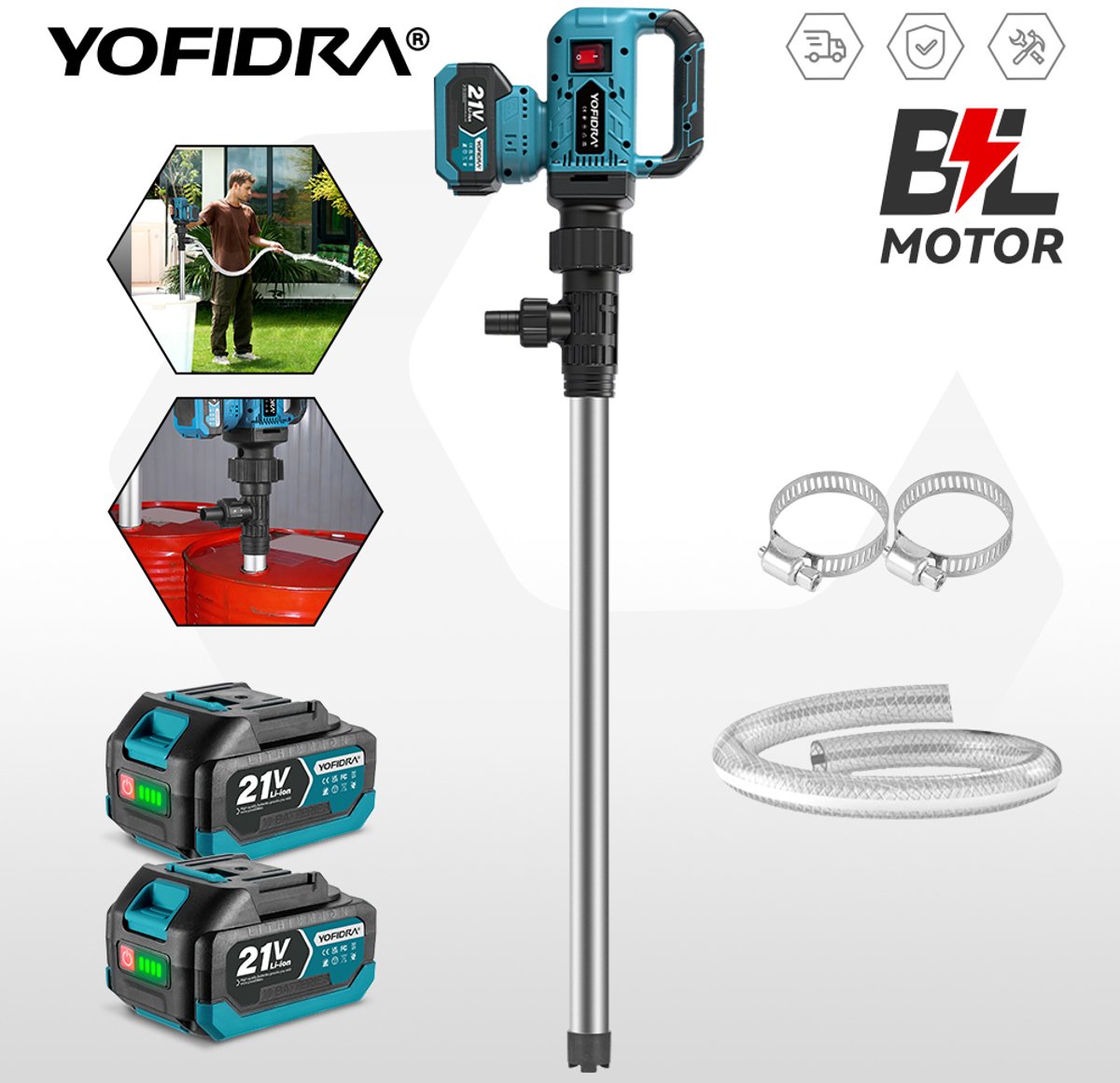 YOFIDRA Accu vloeistofpomp met borstelloze motor, 3 versnellingen – voor water, olie en benzine – ideaal voor huishouden, landbouw en industrie.