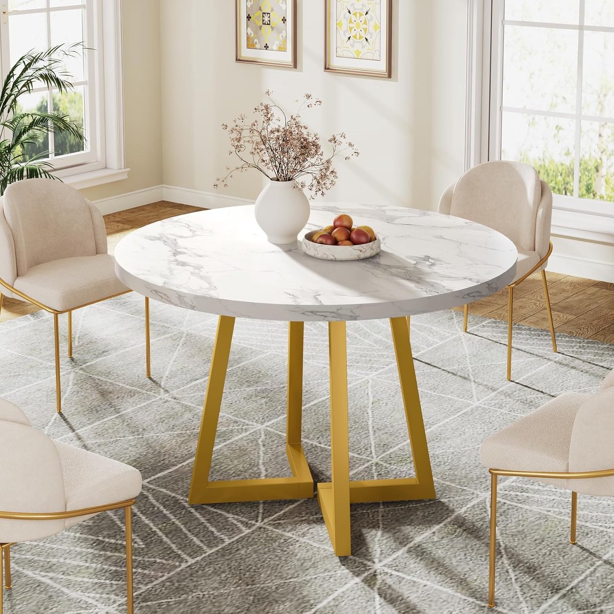 LITTLE TREE Ronde Eettafel ‑ 80 x 80 x 75 cm ‑ voor 2 personen ‑ Metalen voet ‑ Witgoud ‑ Moderne keukentafel Kleine tafel - voor Appartement Kantoor Restaurant