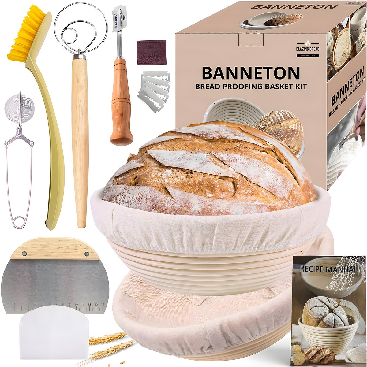 Broodrijsmandset-Rieten-Rijsmand-Broodmand-Bakset-2-Ronde-Rijsmandjes-Linnen-Inzetstukken-Deegschraper-Deegklopper-Meelzeef-Broodmes-RVS-Deegschraper-Reservebladen-Beschermhoes-Set-B