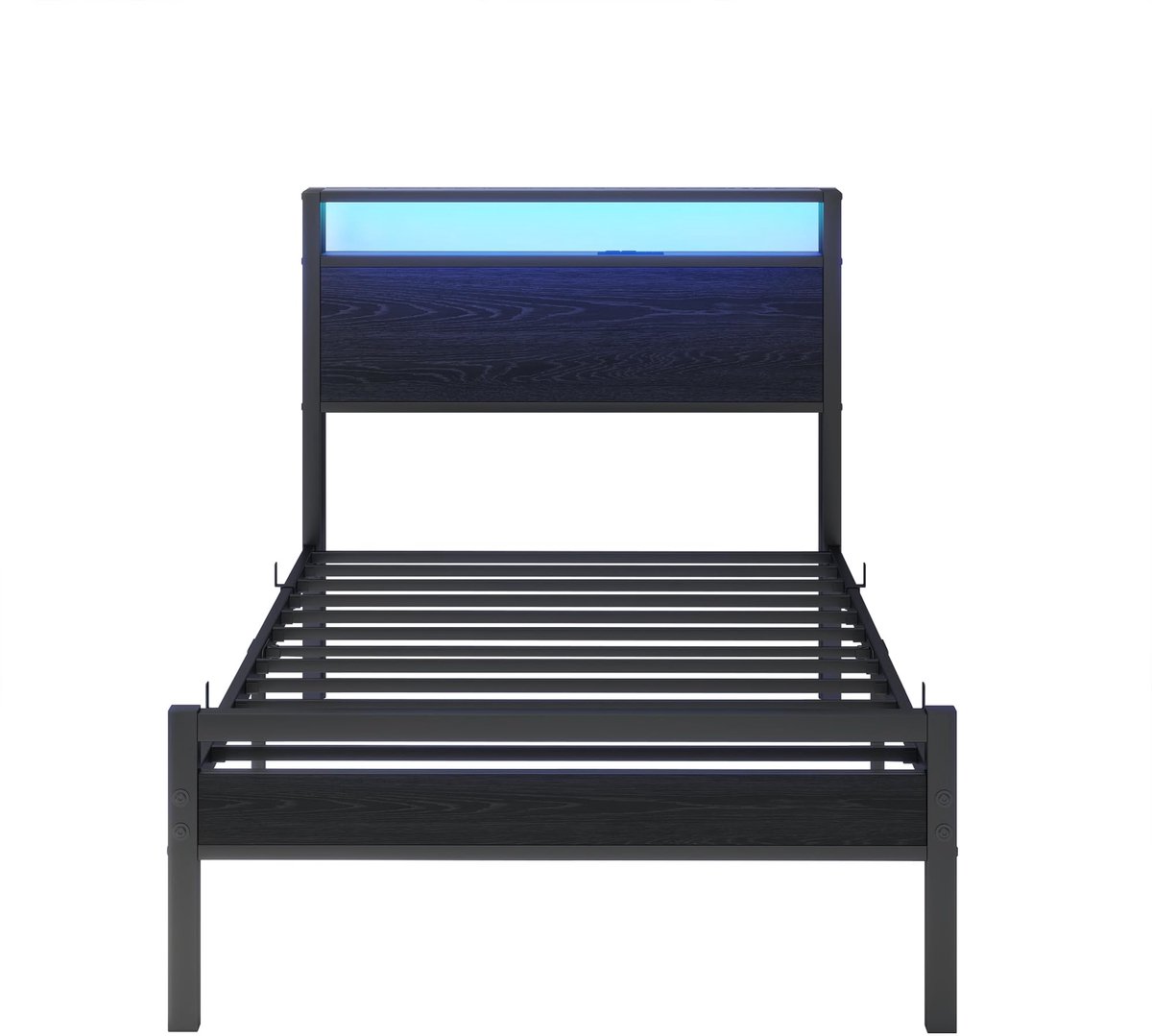 Merax Eenpersoonsbed 90x200 cm - Metalen Bedframe - Bed Met Opbergruimte - LED Verlichting - USB-C - Hoofdbord Met Opbergvakken - Zwart