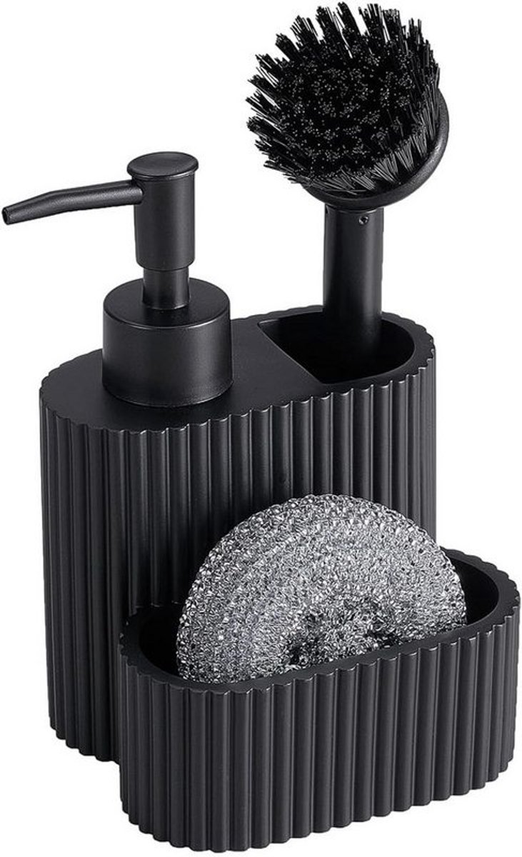 Keukenopbergset, gootsteenorganizer, 3-delige set, zwart, inclusief zeepdispenser en afwasborstel.