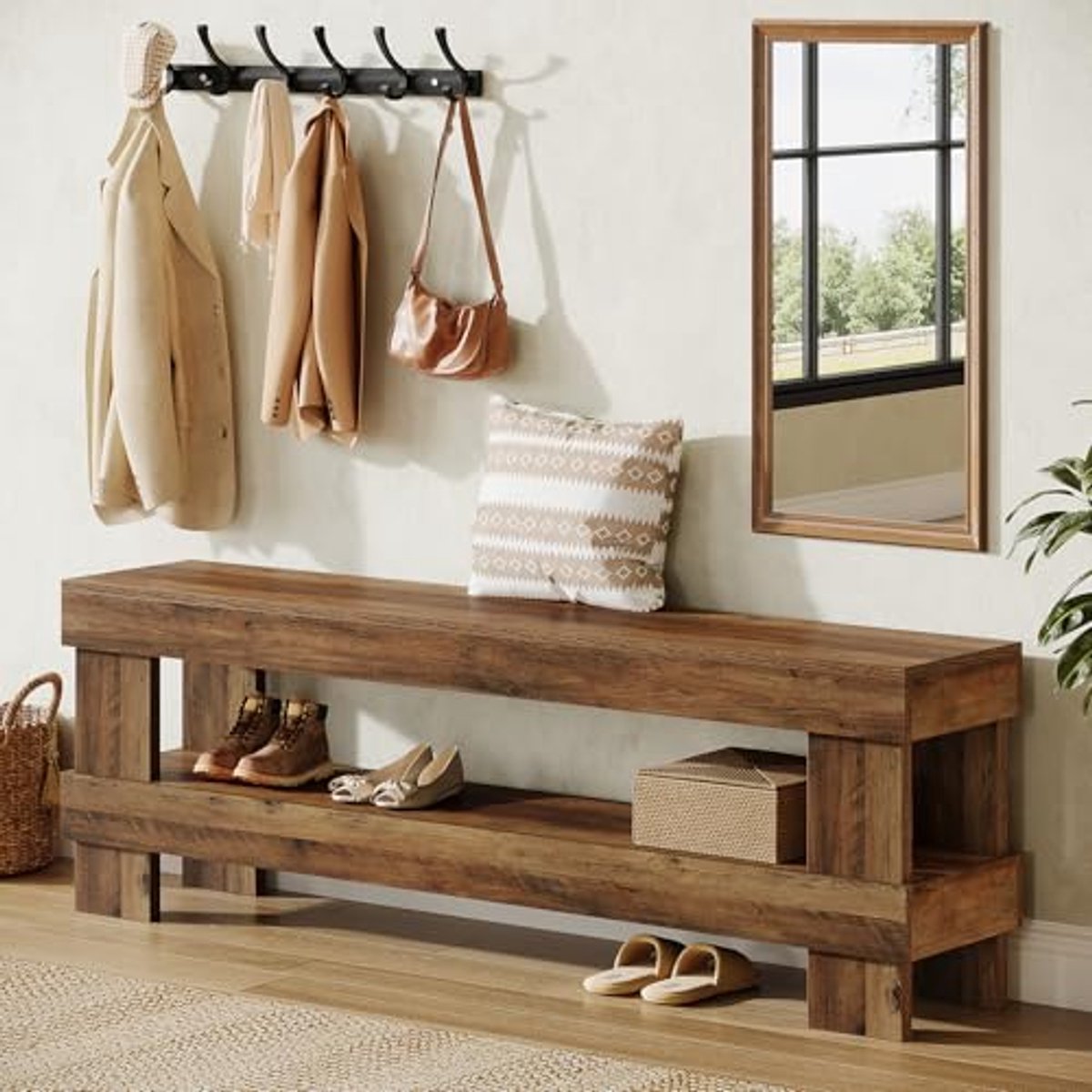 LITTLE TREE 2‑Laags Landelijke Entreebank - 150 x 40 x 48 cm - MDF Schoenen‑ en Bedbank - Bank voor Hal, Entree, Slaapkamer, Woonkamer - Rustiek Bruin