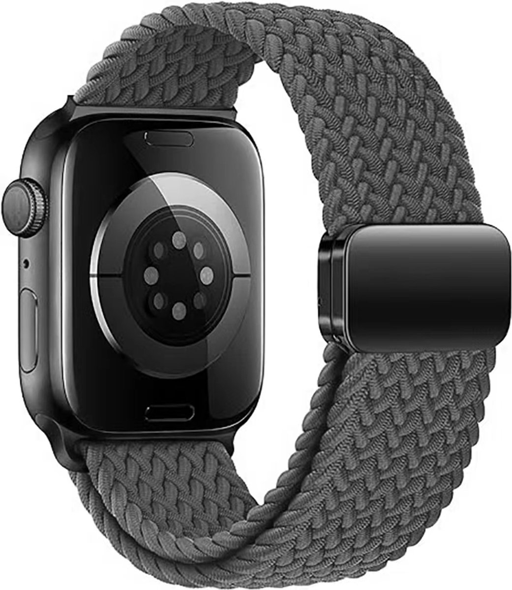 Stravo Braided Nylon bandje met magneetgesp - Geschikt voor Apple Watch 42mm (Series 11/10), 41mm (Series 9/8/7), 40mm (Series 6/5/4, SE 1/2/3), 38mm (Series 3/2/1), Verstelbaar elastisch gevlochten horlogebandje - Donkergrijs
