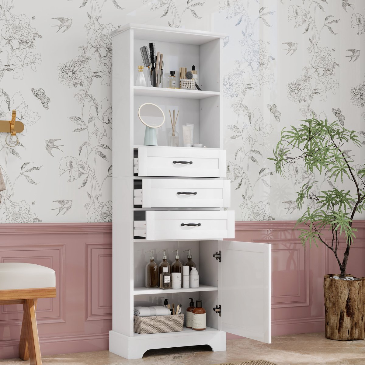Stijlvolle Badkamerkast Met 3 Laden En Open Vakken - Verstelbare Planken - Hoog Model Met Zwarte Handgrepen - MDF - Wit - 56 x 25,6 x 167 Cm
