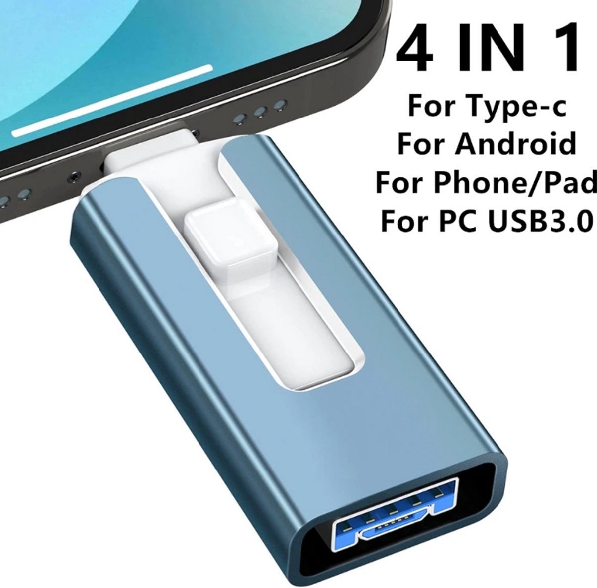 512GB 4-in-1 USB 3.0 Geheugenstick – Geschikt voor iPhone, iPad, Android en PC – Lightning, USB-C, Micro-USB & USB-A – Externe Opslag voor Foto’s, Video’s, Back-up & Bestanden