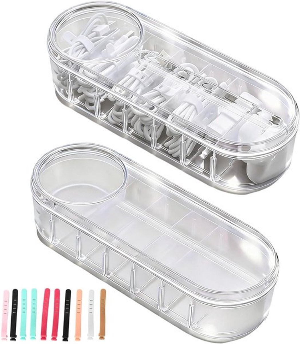 Kabel Organizer Doos Set van 2 met Deksel - 7 Compartimenten voor Oplaadkabels, Kantoorbenodigdheden en Make-up Accessoires, Inclusief 10 Kabelbinders
