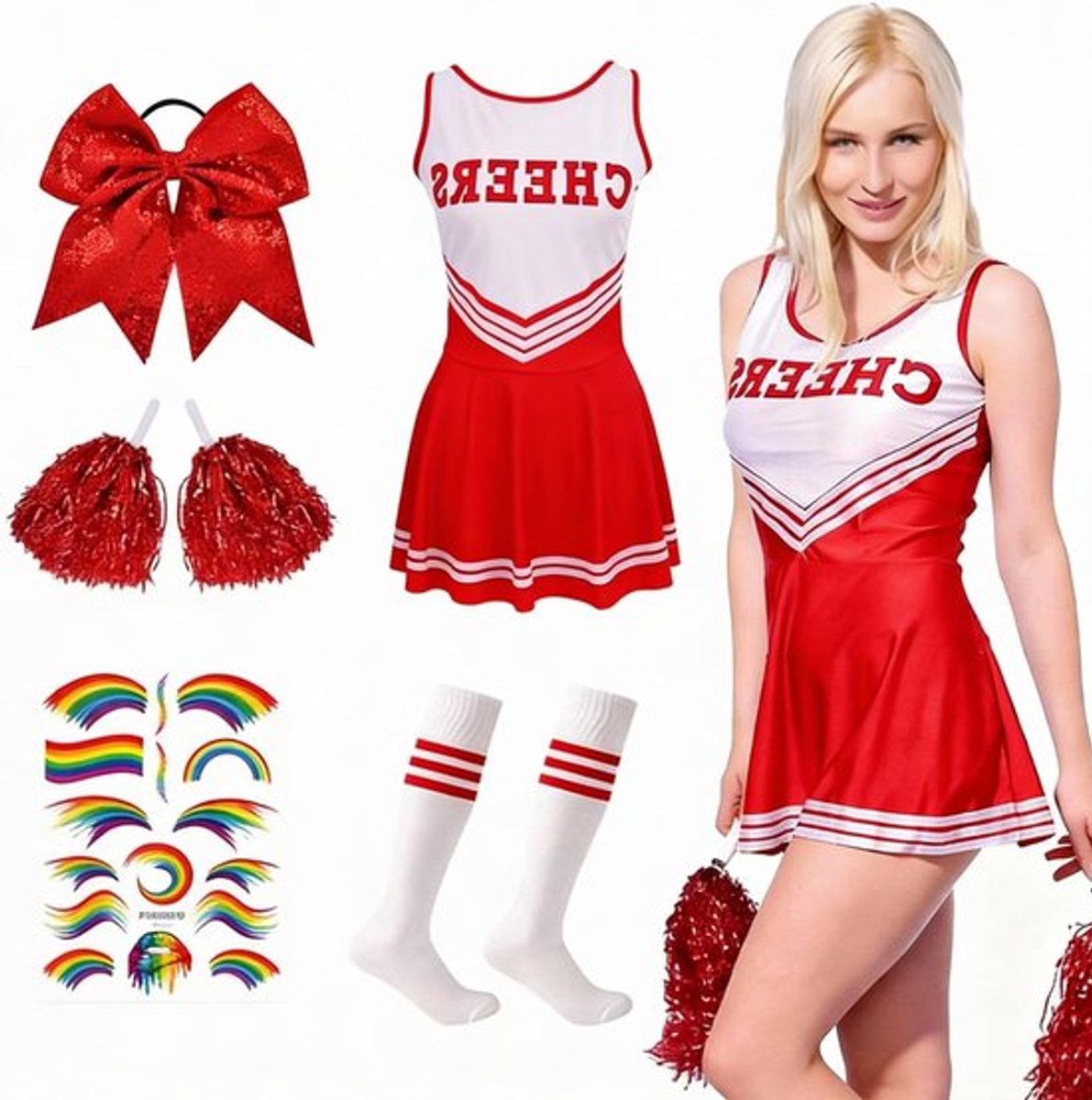 Vrouwelijk Cheerleader Kostuum met Pompoms, Sokken en Haaraccessoires voor Carnaval en Halloween Rollenspel