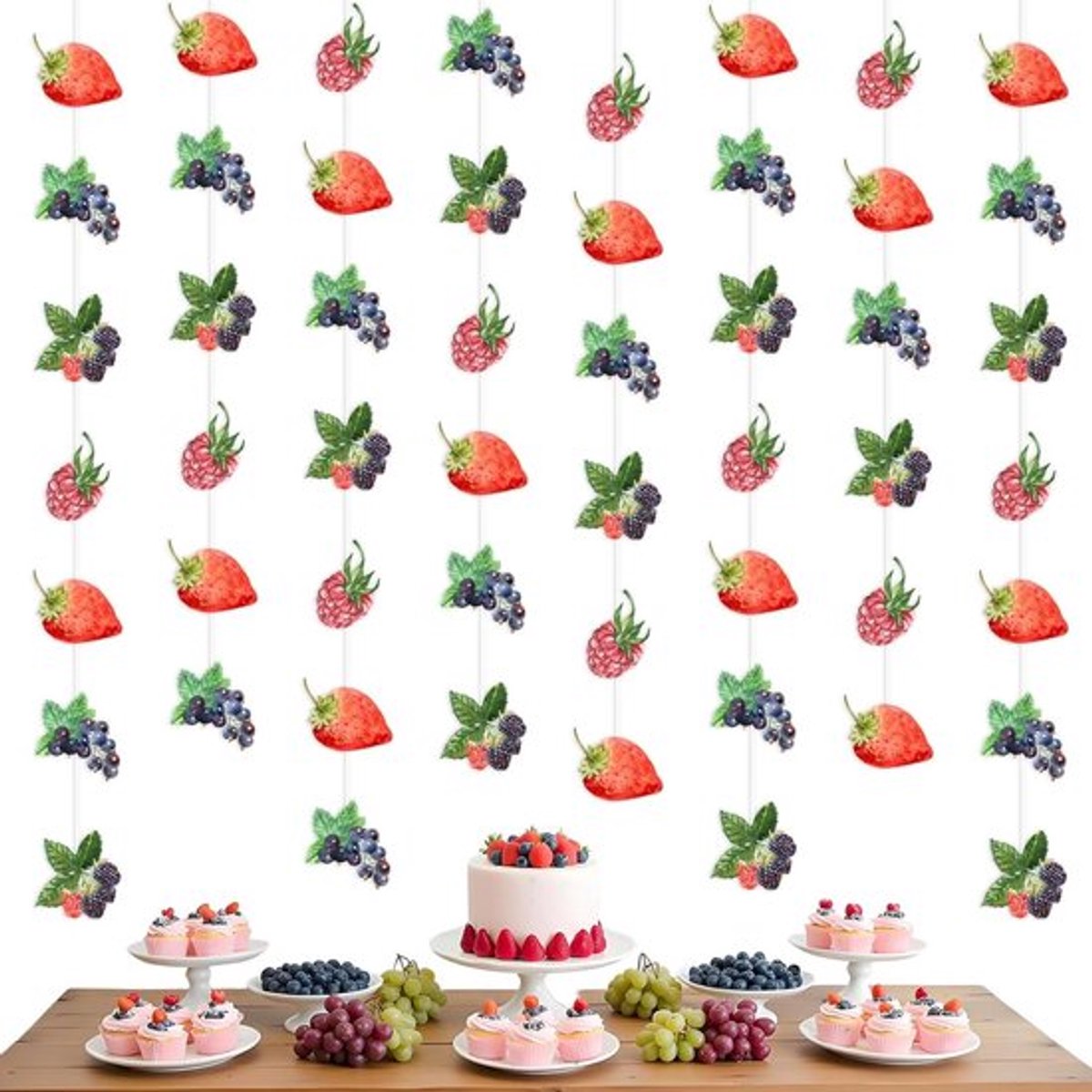 Partybanner Streamer 8 stuks - Feestdecoratie Aardbei-Bosbes Thema - Verjaardagsdecoratie - Babyshower Fruit Jamberry-banner