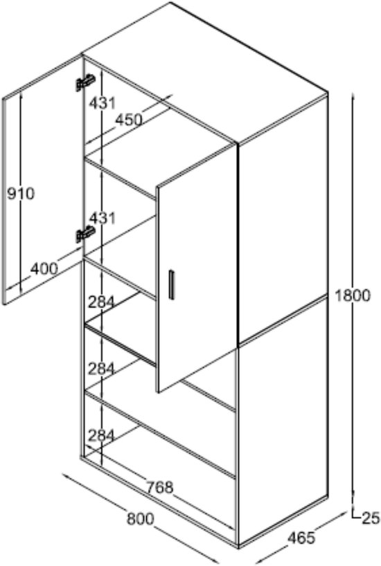 Technische tekening van een witte opbergkast met afmetingen in cm.