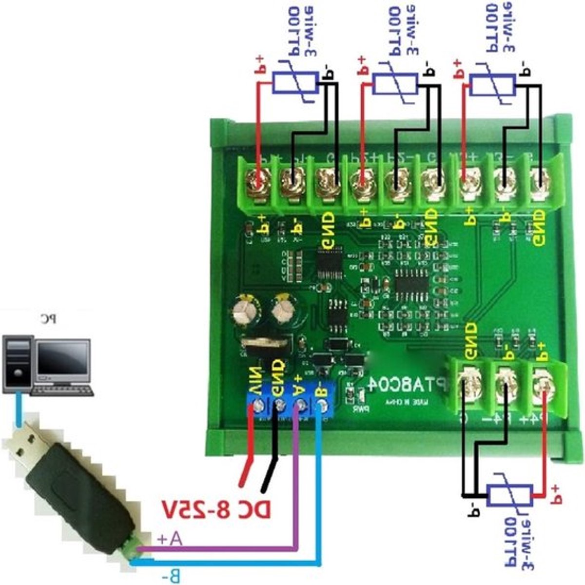 4-kanaals PT100 Temperatuur Sensor Module voor Modbus RTU - Stabiele Temperatuurmeting met Behuizing en Railmontage