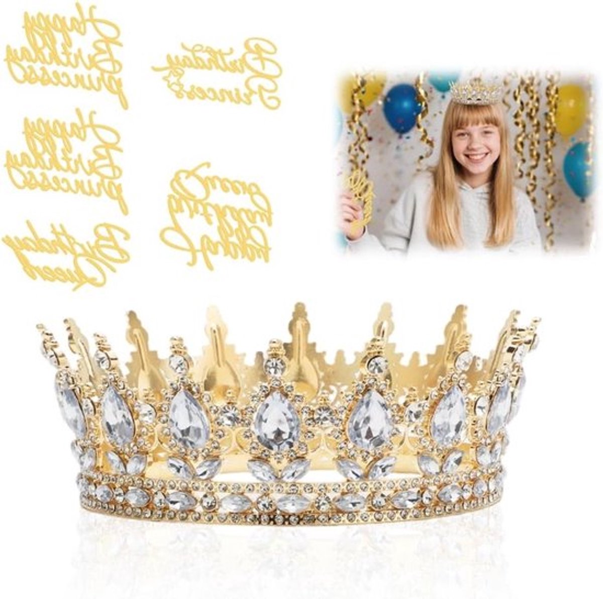 Gouden Prinsessen Tiara met Kristal Rhinestones voor Verjaardagen, Bruiloften en Feestjes, Perfect als Taarttopper en Accessoire voor Carnaval