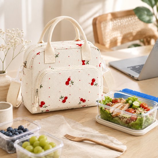 VHV - Koeltas Dames - Geïsoleerde koeltas - Koeltas -lunchpakket set - Koelelementen - Corduroy - Afneembare Schouderriem - 28,5 x 16 x 22 cm - Voor Werk, Kantoor, School en Picknick - Beige Kersenprint van Vhv — afbeelding 3
