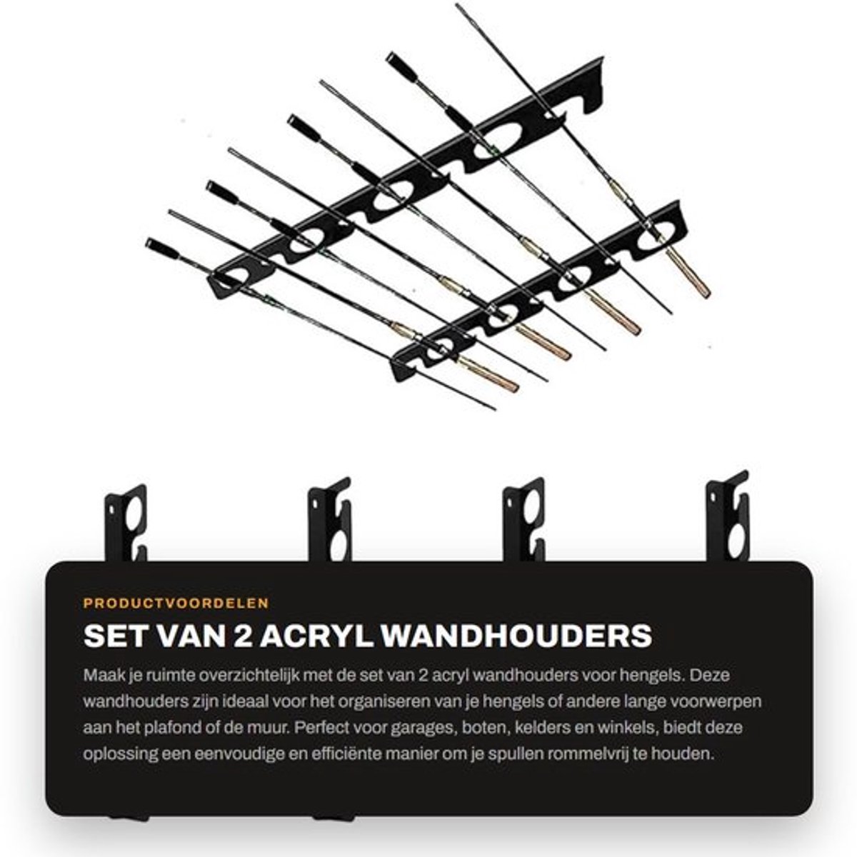Wandhouders Set van 2 - Acryl Hengelrekken - Plafondhouder - Muurhouder - Eenvoudige Montage - Voor 8 Hengels - Hengelrek