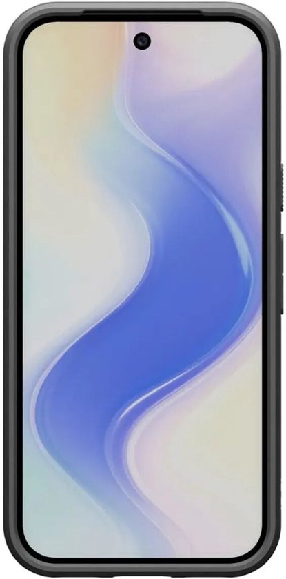 Een smartphone met een zwart hoesje, het scherm toont een abstract patroon.