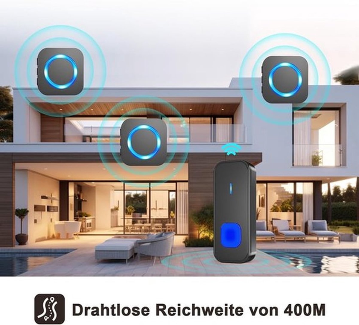SnelShoppen - Draadloze Deurbel Set - Waterdichte Buiten Deurbel met 3 Ontvangers, 400m Bereik, 55 Melodieën, 5 Volume Instellingen, LED Display, Zwar