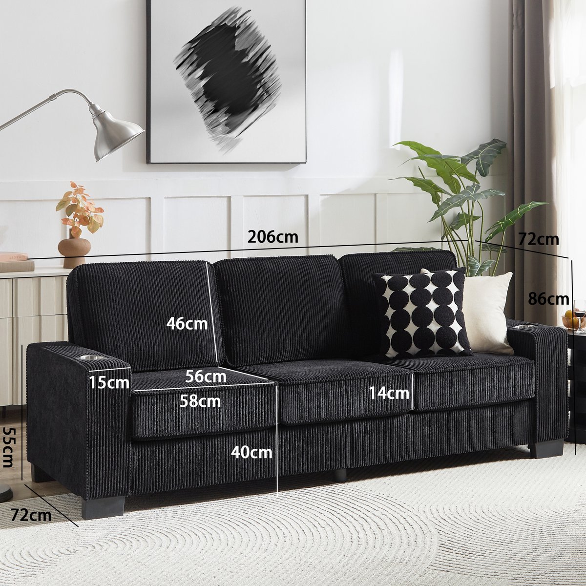 MODFU-Zitbank-3-Zits-Corduroy-Zwart-206 Cm-Woonkamer