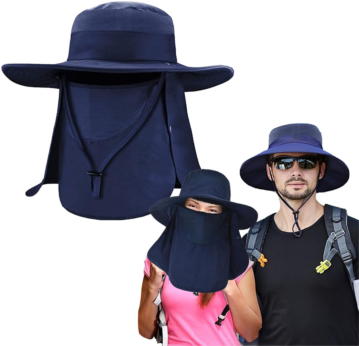 Zonnehoed met Afneembare Nekflap - UV-bescherming - Zonnehoed voor Dames en Heren - Zomer Vissershoed met Nekbescherming - Brede Rand - Ademend Mesh - Safarihoed - Verstelbare Kinband - Zonnehoed voor Wandelen, Kamperen, Reizen en Buitenactiviteiten