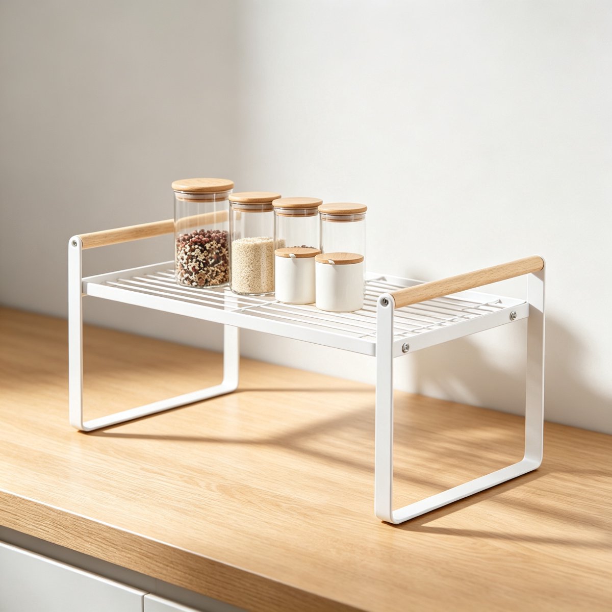 Keuken Organizer met Gelaagde Opbergruimte‑ Staand Model met Houten Handvat‑ 41,8x20x14 CM‑ Opbergrek voor Onder de Gootsteen‑ Wit