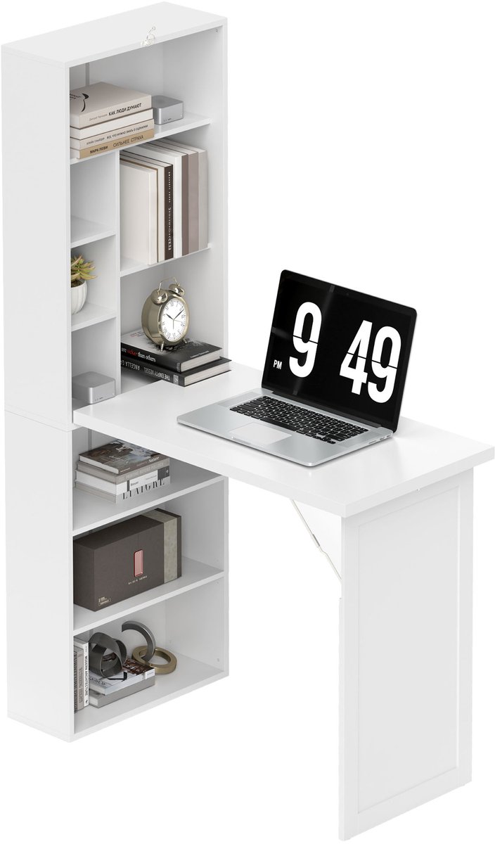 Opvouwbaar, aan de muur te bevestigen computerbureau — Ruimtebesparend studiebureau — Boekenplank — Zwevend bureau — Verstelbare planken — 9 open vakken