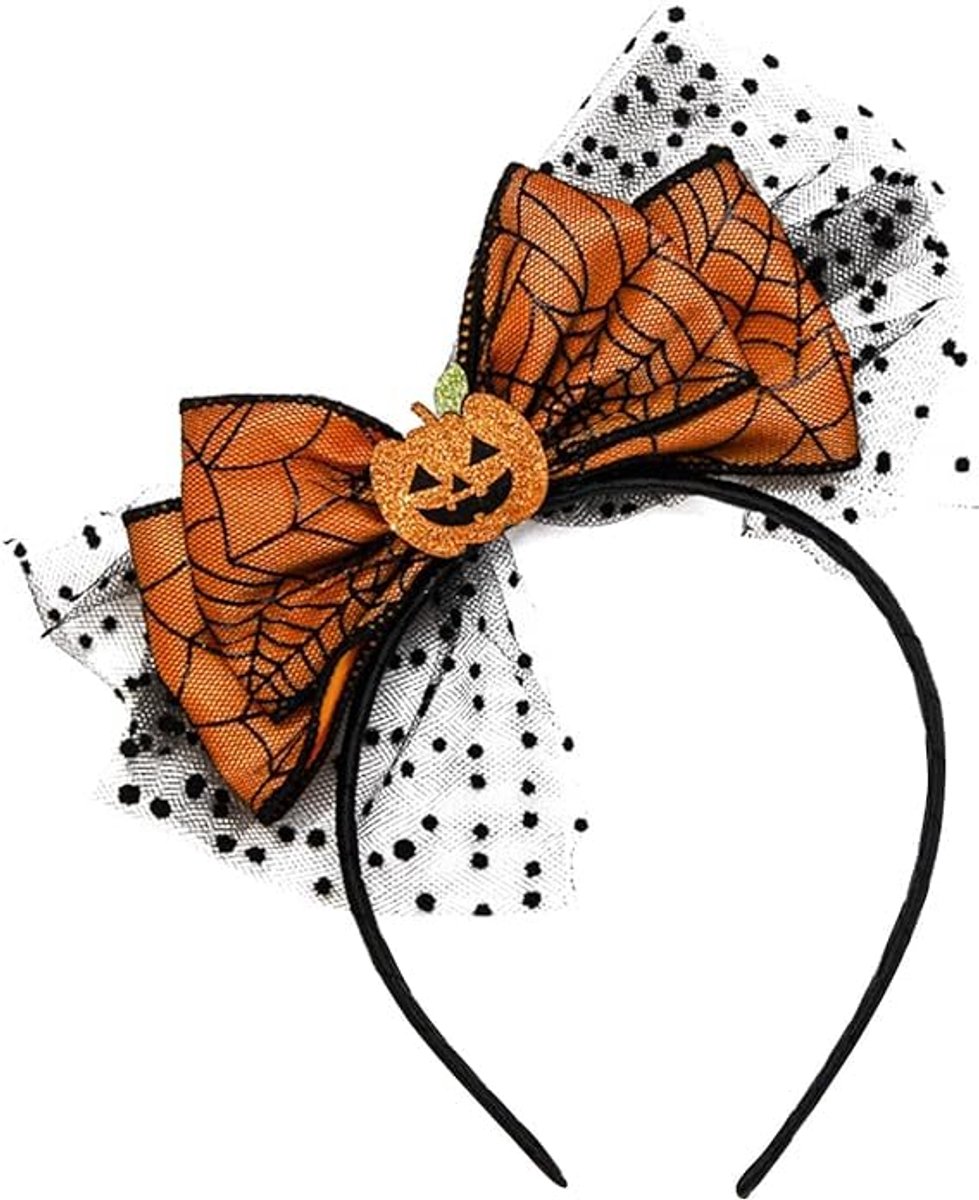 Halloween Haaraccessoire - Schattige Pompoen Haarband - Met Glitter en Spinneweb - Voor Vrouwen - Feestartikelen - 1 Stuk - Oranje en Zwart - Elastisch en Comfortabel - Geschikt voor Kostuumfeestjes