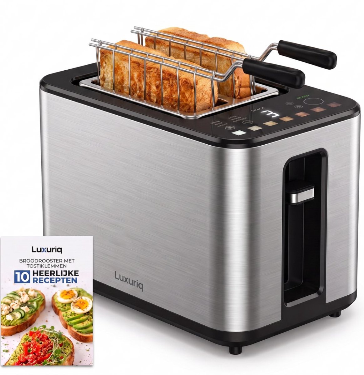 Luxuriq Broodrooster met Tostiklemmen - 900W - 2 sleuven - 7 Warmteniveaus - 6 Programma's - Led Scherm - Kruimellade - Toaster - met Timerfuncties - Tosti Apparaat - RVS