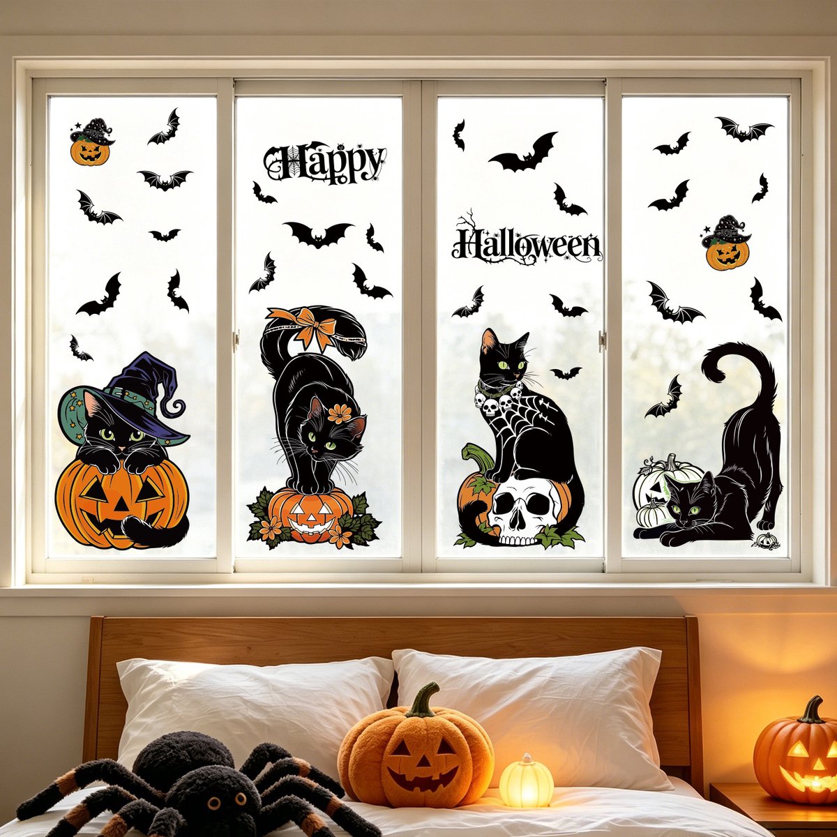 Halloween Raamstickers - 4 stuks - Raamsticker - Statische Zelfklevende Decoraties - Zwarte Kat, Pompoen en Vleermuis - Herbruikbaar en Zonder Lijmresten - Geschikt voor Glas - Feestdecoratie - Binnenshuis - Eenvoudig Aan te Brengen - 20×30cm- zwart