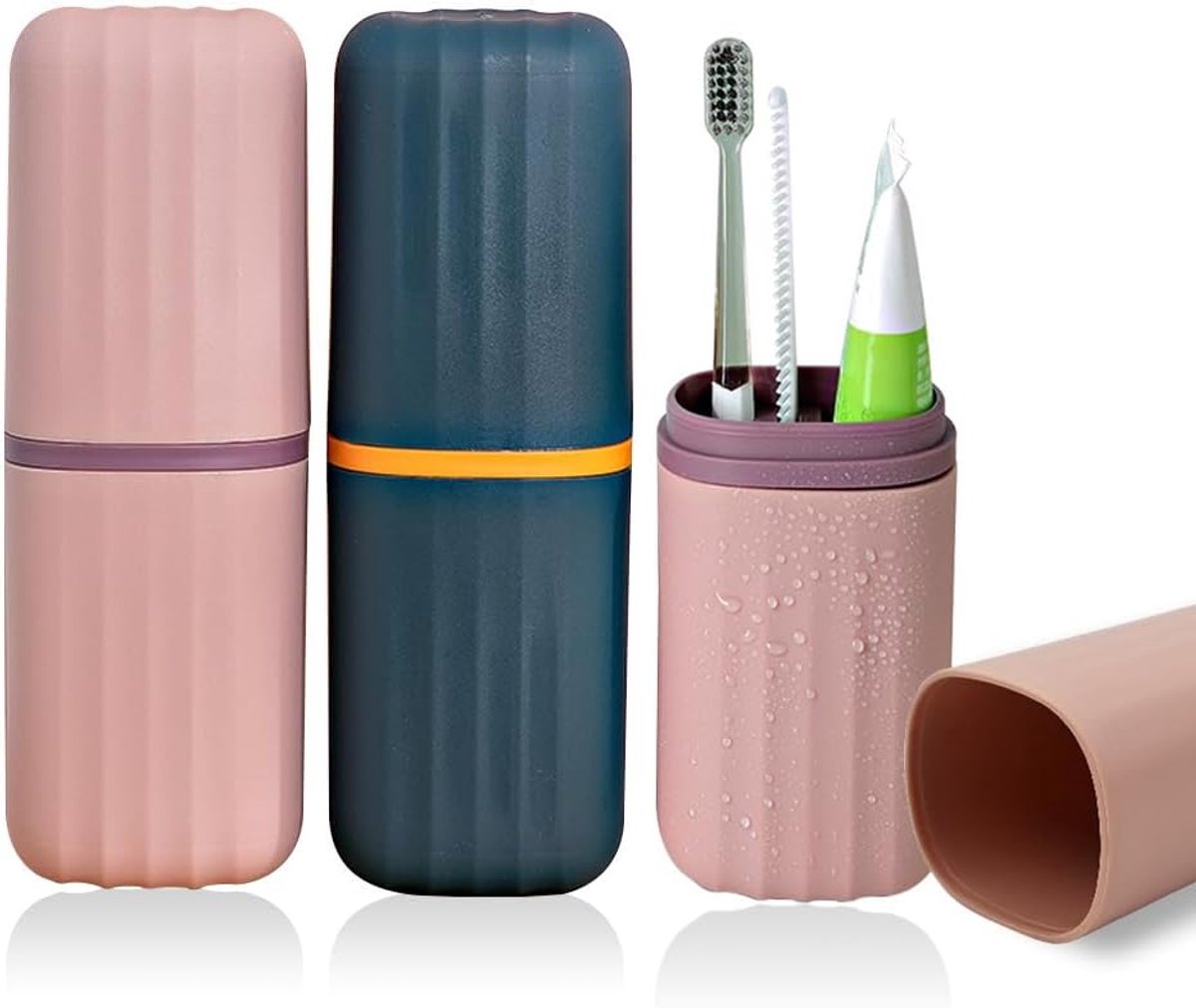 Reis Tandenborstelhouders - 2 Stuks 2-in-1 Draagbare Etuis - Geschikt voor Tandenborstel en Tandpasta - Compact en Lichtgewicht - Ideaal voor Reizen, Kamperen en School - Luchtdoorlatend Ontwerp - Eenvoudig Schoon te Maken - Donkergroen, roze