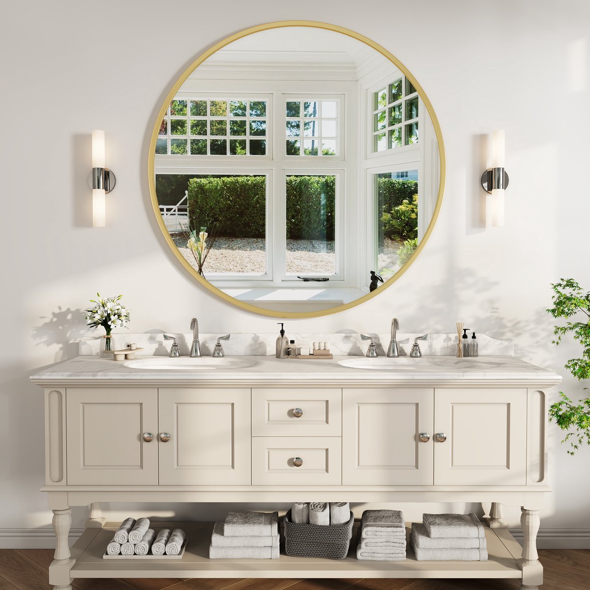Ronde spiegel 75x75 cm - Wandspiegel met goudkleurig frame - Moderne decoratieve spiegel voor badkamer, slaapkamer, woonkamer en hal