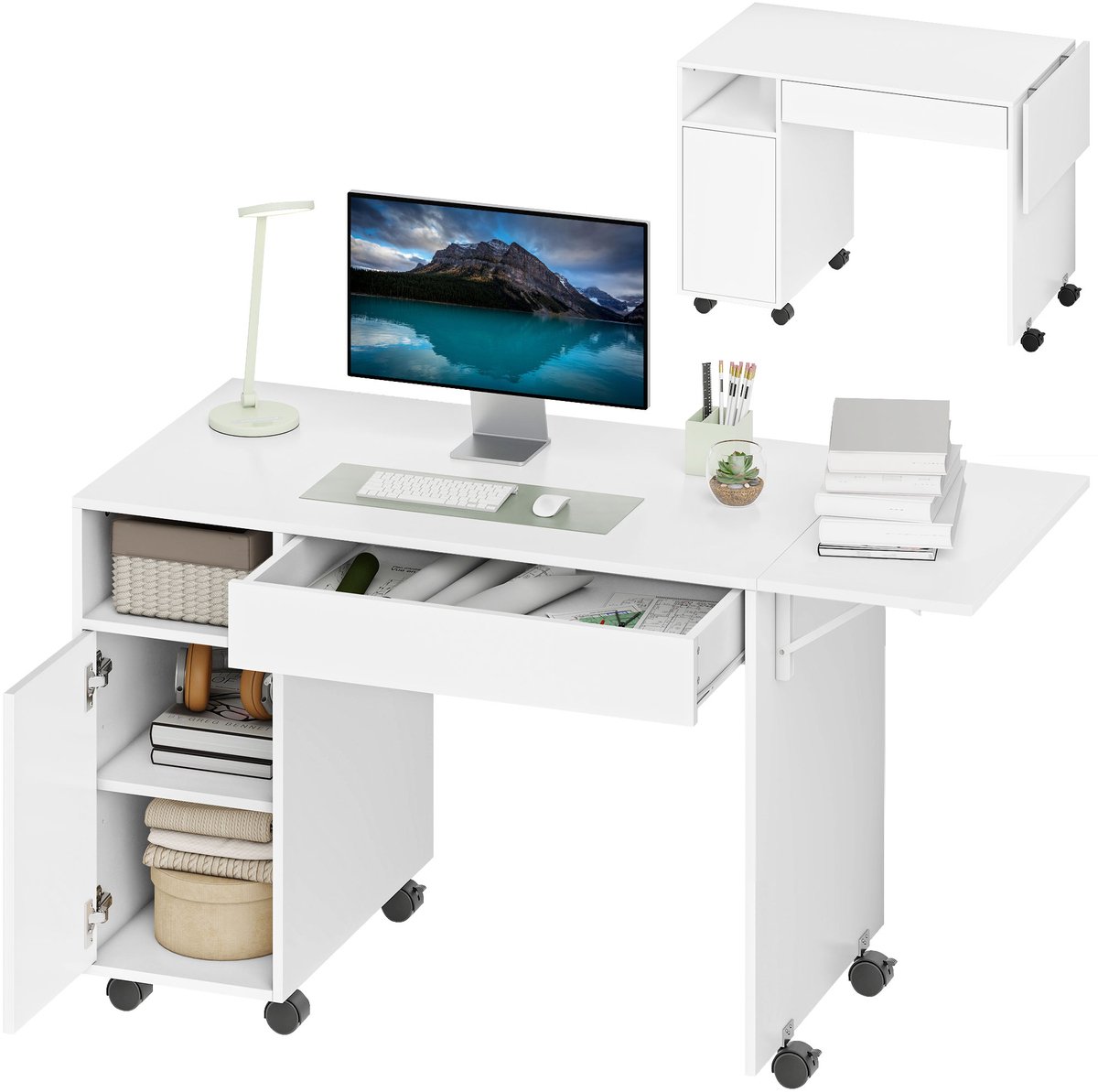 Computerbureau op wieltjes - computertafel met klapblad - lade - kast en opbergvak - 130 x 58 cm - wit