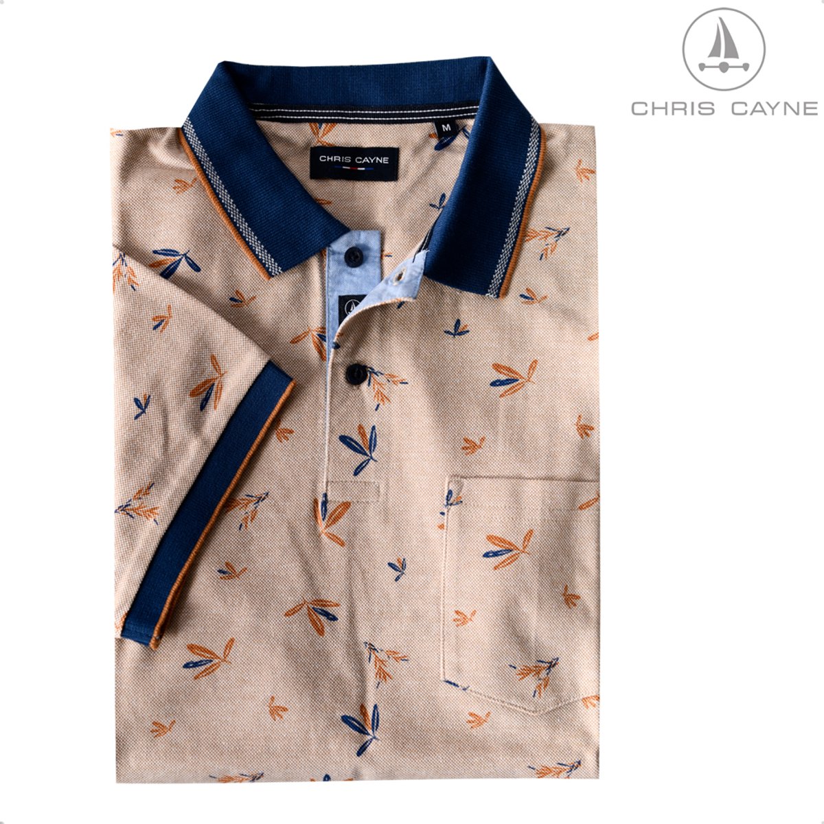 CHRIS CAYNE heren poloshirt - Zand - M - Heren - Knopen - Borstzak - Piqué - Geprint - 100% Katoen