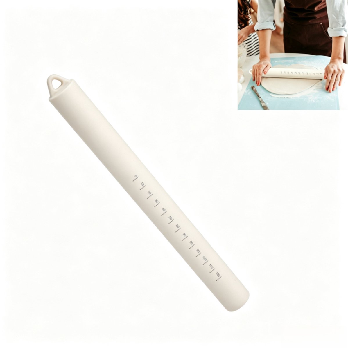 Witte siliconen deegroller - Deegroller voor huishoudelijk gebruik - Antiaanbakdeegroller - Geschikt voor in de keuken, voor deeg, koekjes en gebak - 26,2 x 2,5 cm
