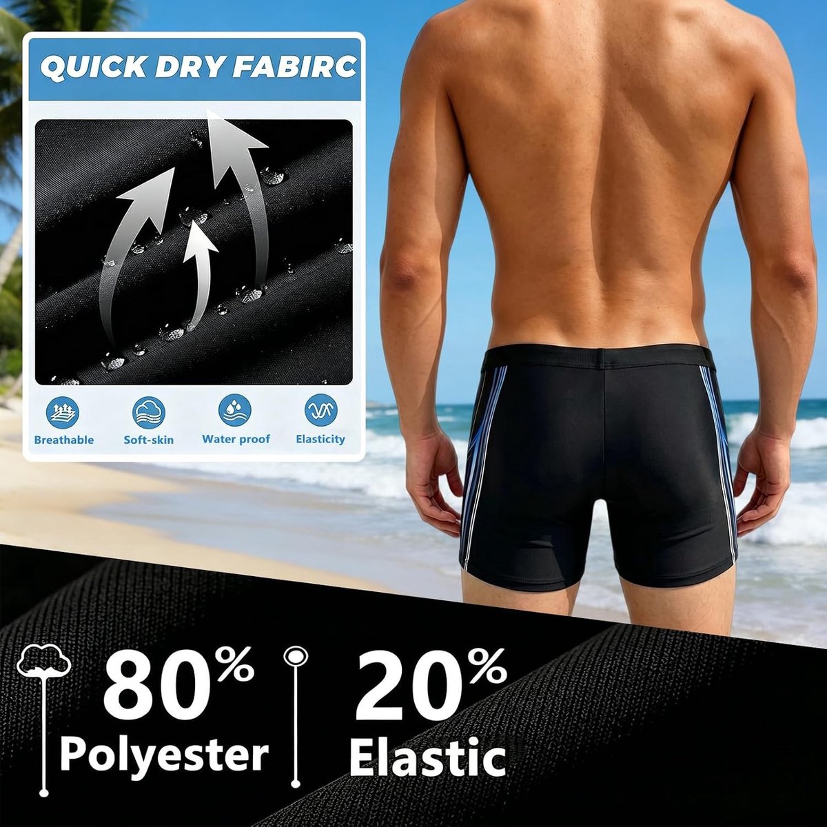Zwembroek voor Heren - Zwart - L - Sneldrogende Zwemshort met Elastische Patronen - Voor Strand en Zwembad