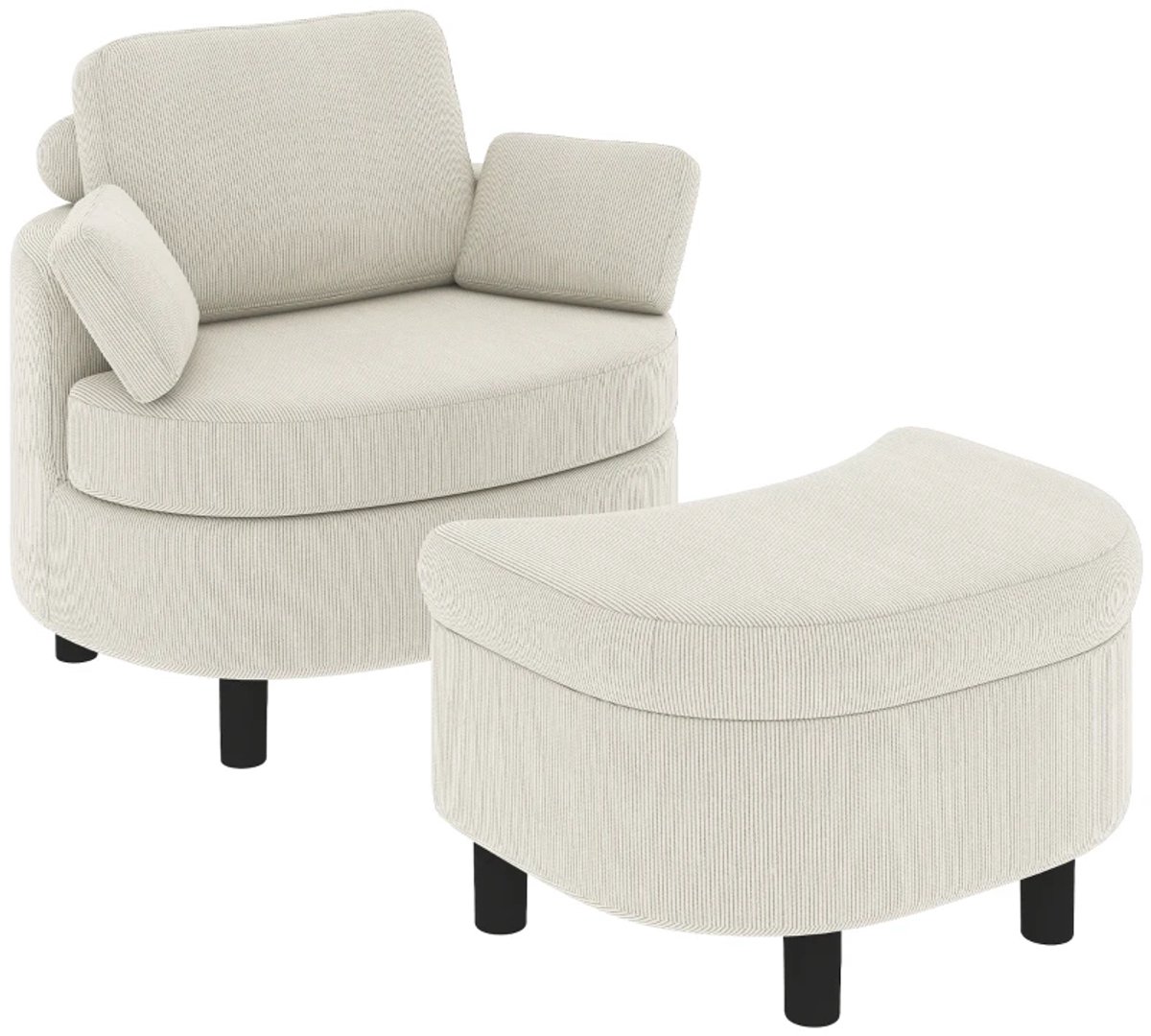Fauteuil - met Opbergkruk - Corduroy Hoes - Omhullende Leesstoel - Verstelbare Hoofdsteun - Brede Zitting - Crèmewit