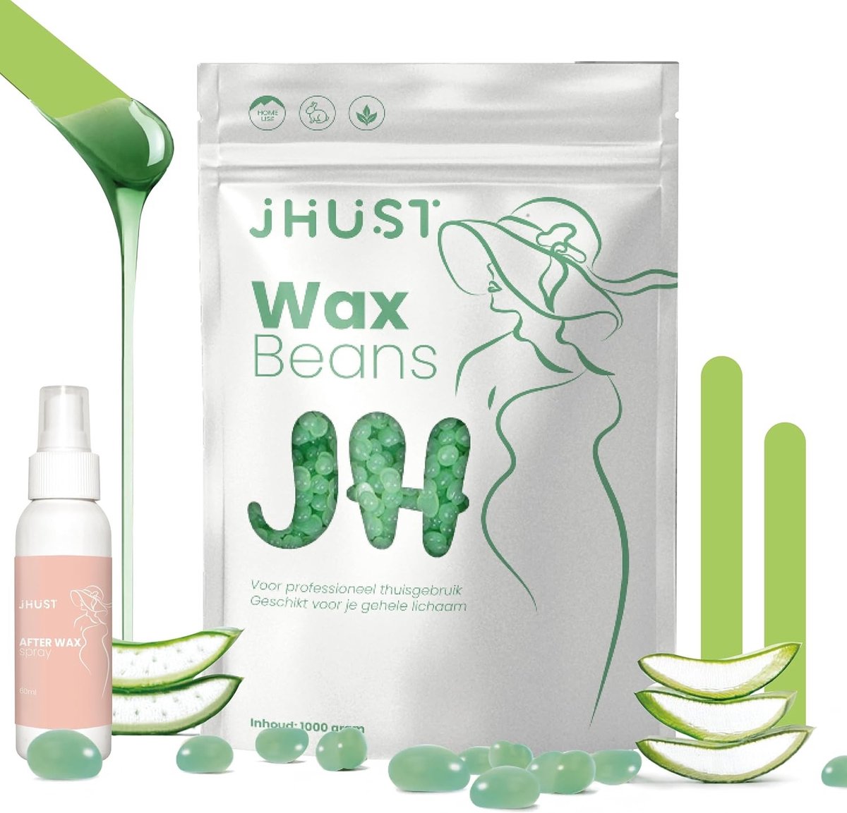 Wax Set - Groen - 1000 gram - Met Aloe Vera en Siliconen Spatels - Voor Gevoelige Huid