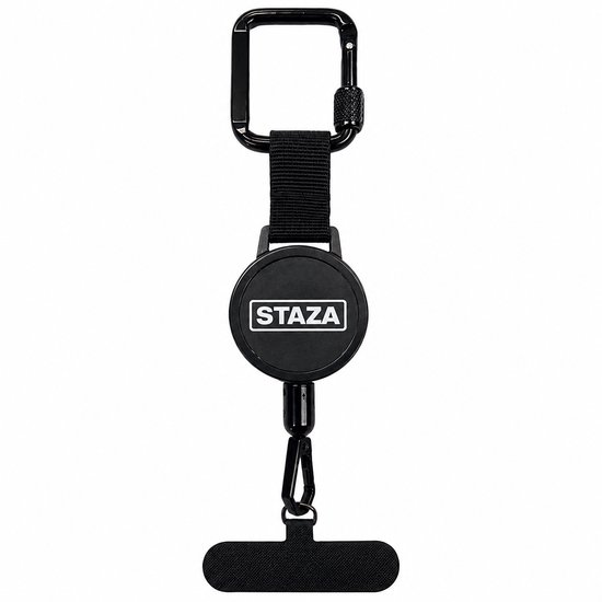 Lanière de téléphone Staza noire avec câble rétractable, mousqueton et support de téléphone.