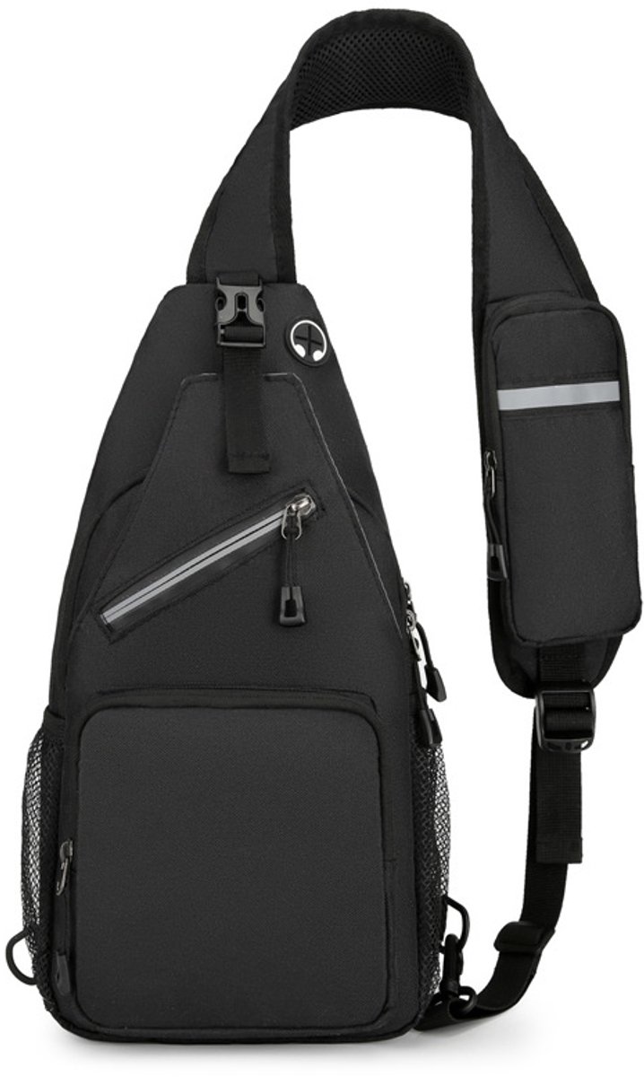 Klein crossbody schoudertasje - met telefoonvakje - verstelbare schouderband - borsttas voor dames en heren - casual model voor wandelen reizen en sport—Zwart