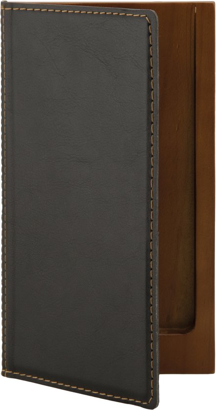 Zwart portemonneemenu dat openligt, met een houten binnenzijde.