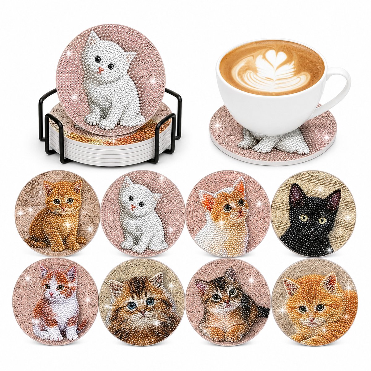 YYchan DIY Diamond Painting Onderzetters Set - 8 Stuks met Houder - Handgemaakt & Hittebestendig - Pakket Volwassenen en Kinderen - Kitten